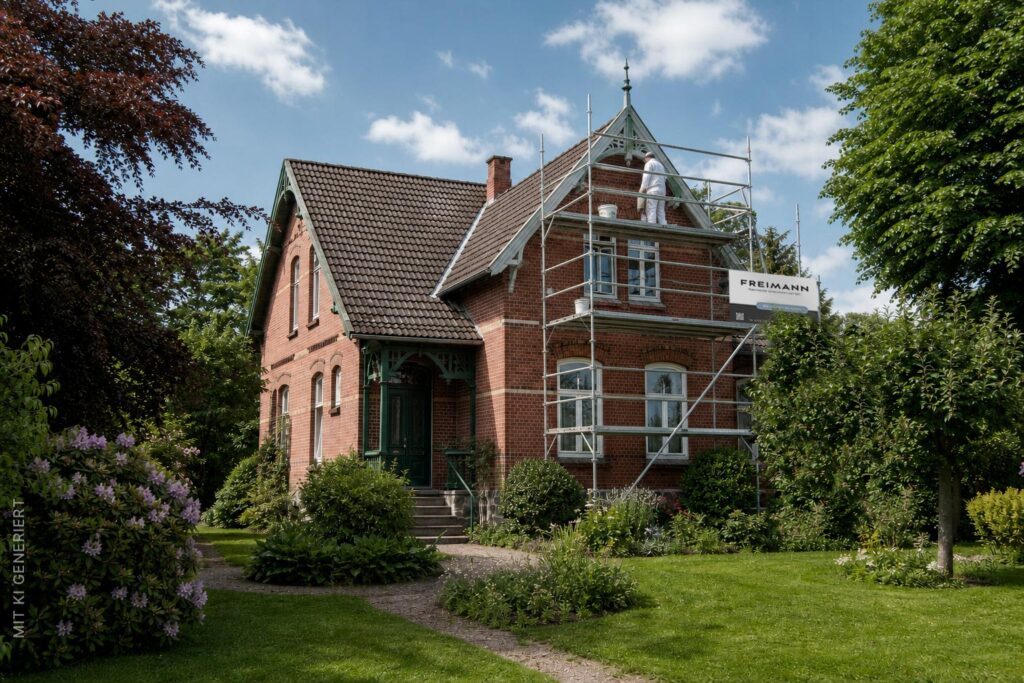 Denkmalgeschütztes Backsteinhaus mit Gerüst während der Malerarbeiten an den Holzteilen der Fassade durch den Malereibetrieb Freimann in Wennigsen.
