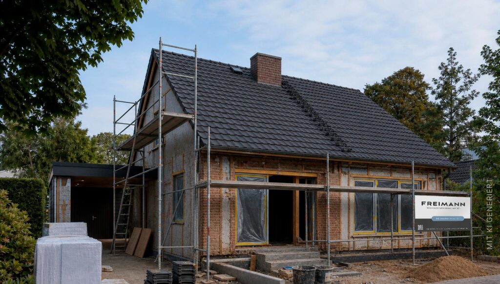 Einfamilienhaus aus den 1960er-Jahren während einer umfassenden Modernisierung und Sanierung durch den Wennigser Malereibetrieb Freimann.