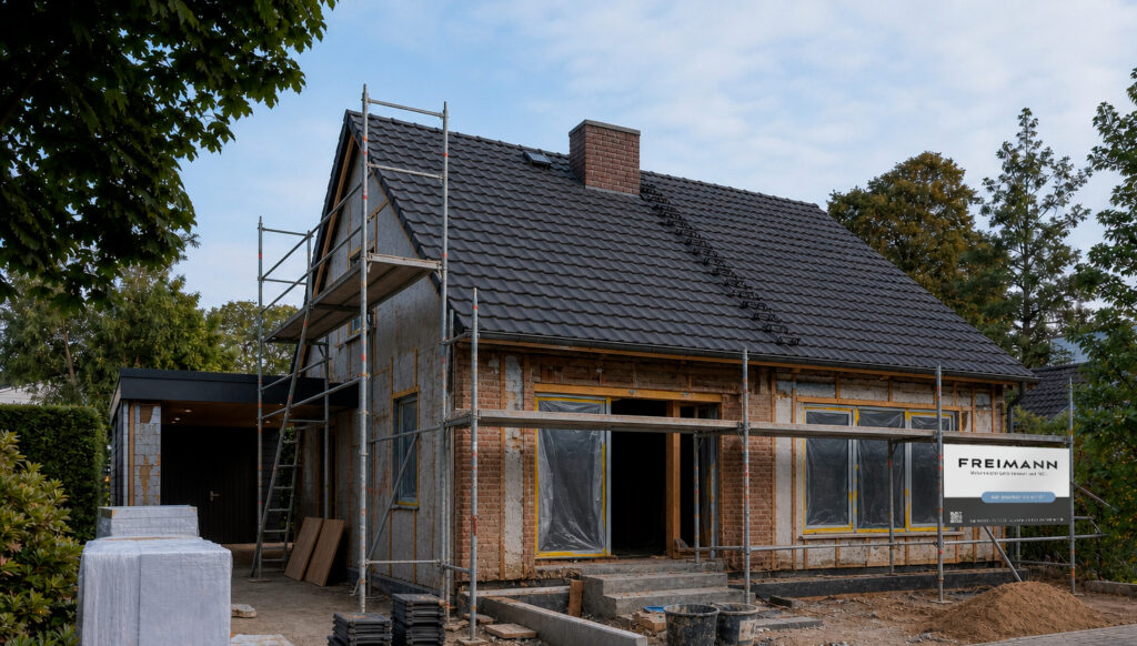 Einfamilienhaus aus den 1960er-Jahren während einer umfassenden Modernisierung und Sanierung durch den Wennigser Malereibetrieb Freimann.