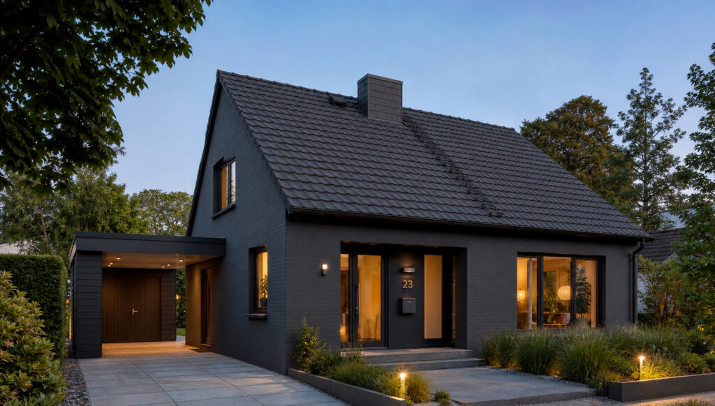 Aufwendig modernisiertes Einfamilienhaus aus den 1960er-Jahren mit hochwertiger Fassadengestaltung – ausgeführt vom Malereibetrieb Freimann.